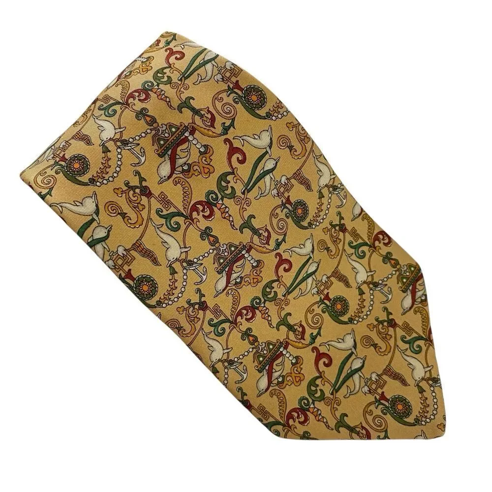 Salvatore Ferragamo Tie Mens 100% Silk Dolphins & Anchors Made in Italy Novelty